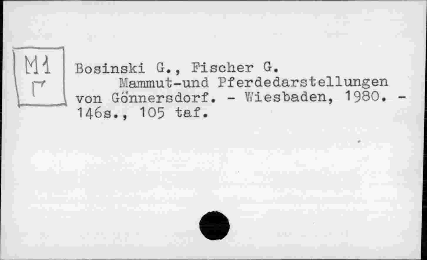 ﻿Bosinski G., Fischer G.
Maramut-und Pferdedarstellungen von Gonnersdorf. - Wiesbaden, 1980. 146s., 105 taf.